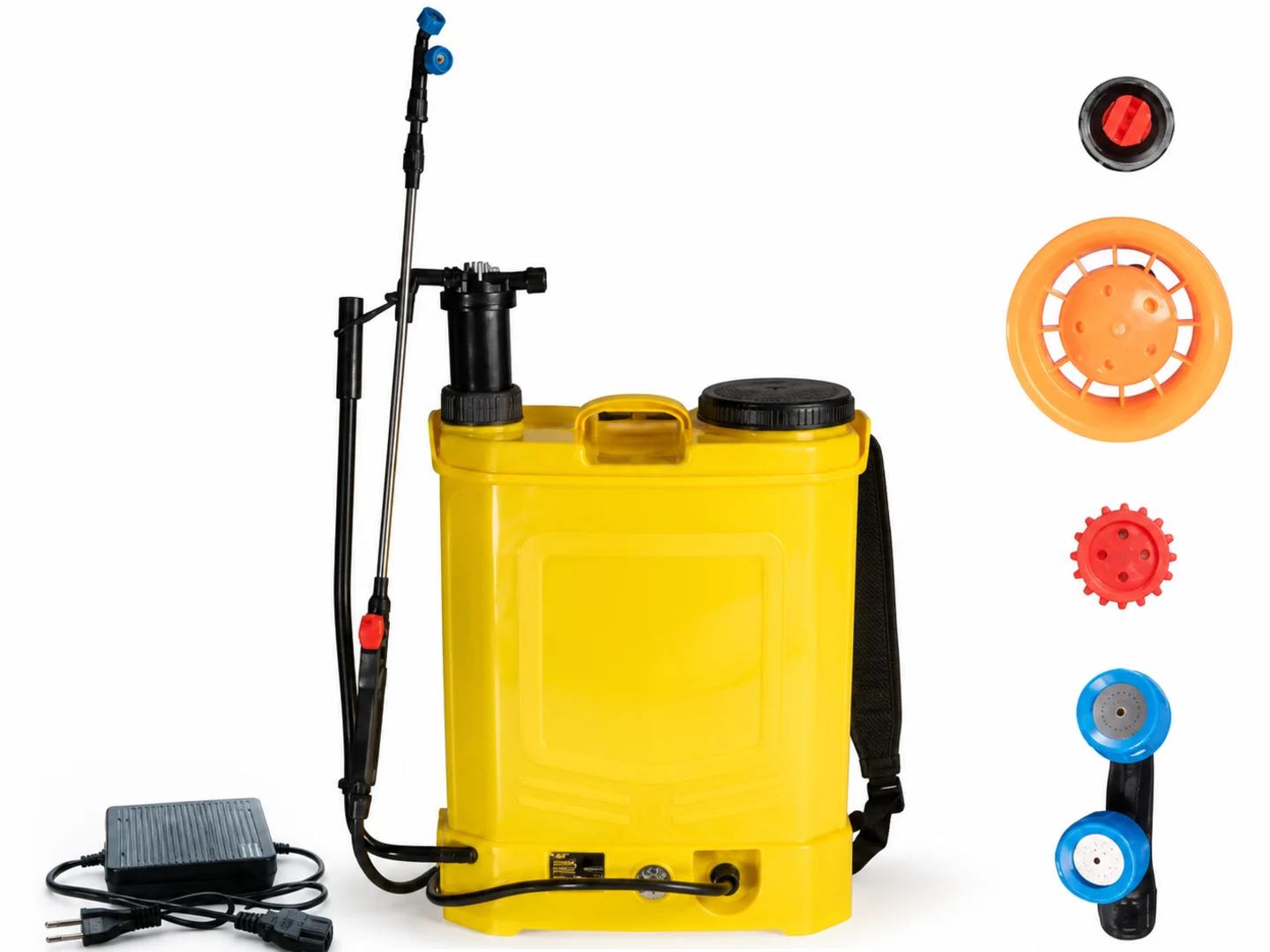 Pulverizador de mochila: Sistema de mochila motorizado con múltiples boquillas. El tanque, las correas, el adaptador de carga, la manguera, la lanza rociadora y las boquillas intercambiables visibles se presentan juntos para una rutina de riego clara.
