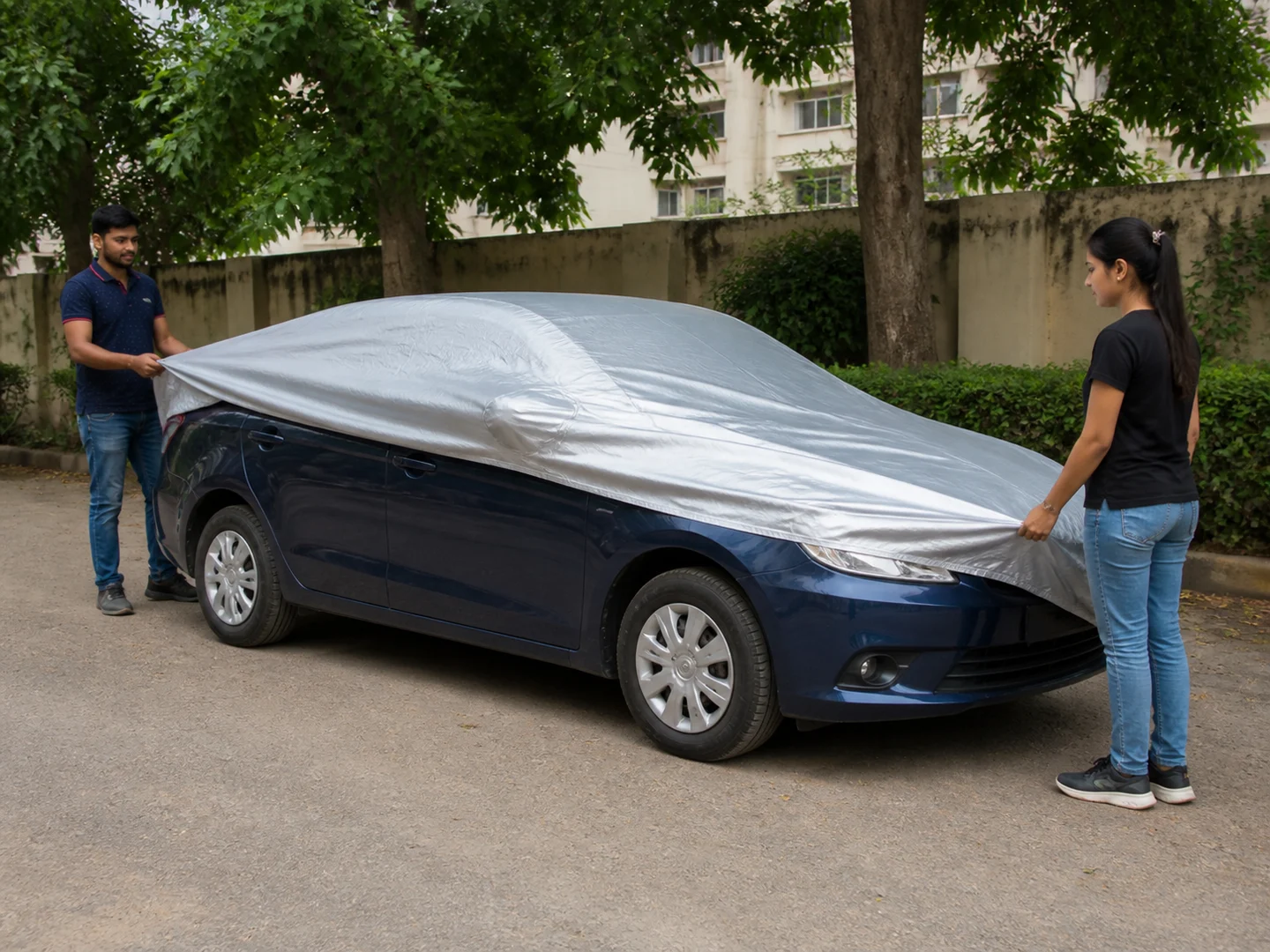 Automobilio uždangalas: Išskleiskite, padėkite ir uždenkite. Kai automobilis atvėsęs, švarus ir pastatytas, atlenkite dangtelį, nustatykite priekinę ir galinę dalį, tada nubrėžkite jį ant kėbulo nevilkdami per paviršių.