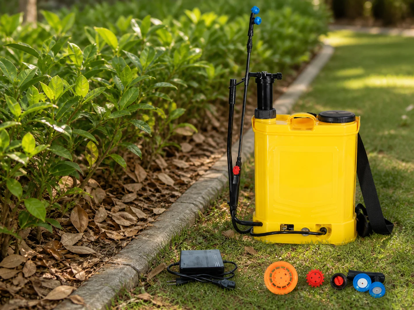 Pulverizador de mochila: Mover el agua a través de las hileras y alrededor de las plantas puede forzar los brazos y romper el ritmo cuando hay que sostener o dejar el recipiente una y otra vez. La escena muestra cómo el tanque de mochila motorizado se mueve contigo, mientras que el adaptador de carga, la manguera, la lanza rociadora y las boquillas intercambiables acercan el rociador a las plantas que deseas alcanzar.