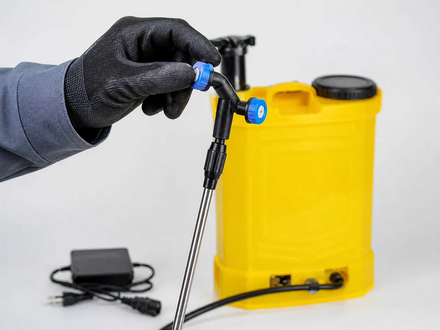 Pulverizador de mochila: Llevar el agua, guiar el spray. Llénelo con agua corriente para la rutina que se muestra en la imagen, asegure la tapa y las correas, luego use la manguera y la lanza rociadora para dirigir el rociado hacia donde sea necesario.