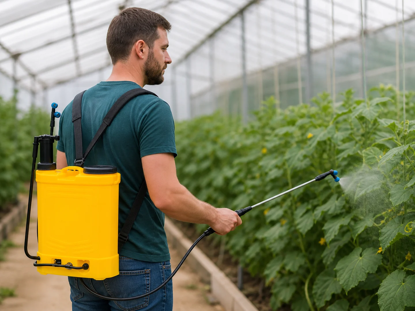 Pulverizador de mochila: Camas de jardín. Camine al lado de la línea de siembra y dirija el agua sin pisar el área cultivada.